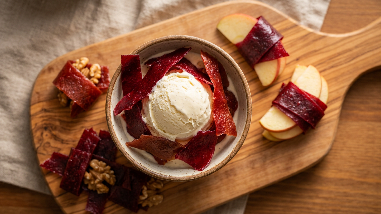 Torn strips of lavashak Persian fruit leather draped over vanilla ice cream