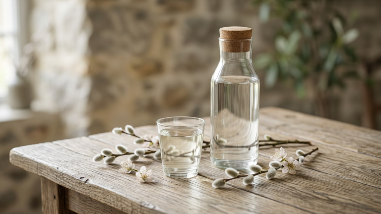 Bottle and glass of aragh bidmeshk Persian musk willow herbal water with willow blossoms