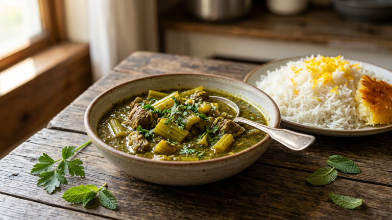 Bowl of Persian khoresh karafs celery stew served with saffron rice and tahdig
