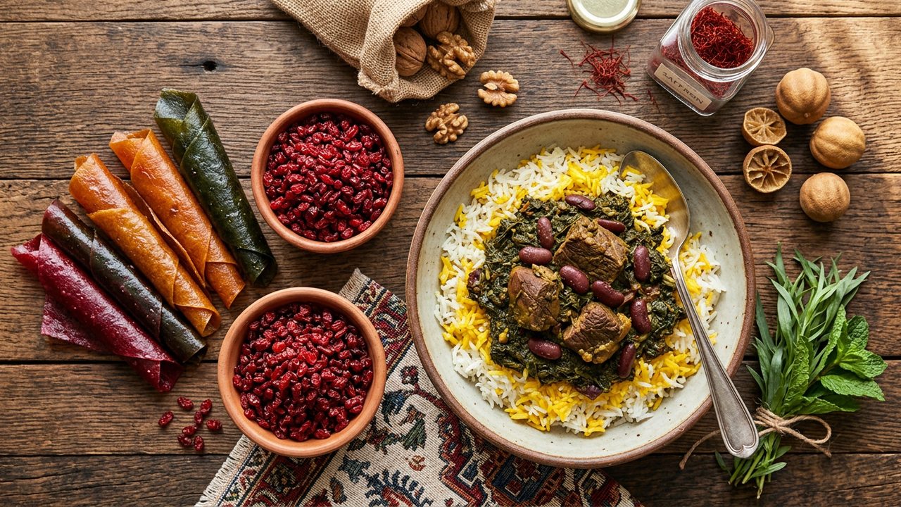 Persian pantry essentials - lavashak fruit leather, dried barberries, and a bowl of herb stew with rice