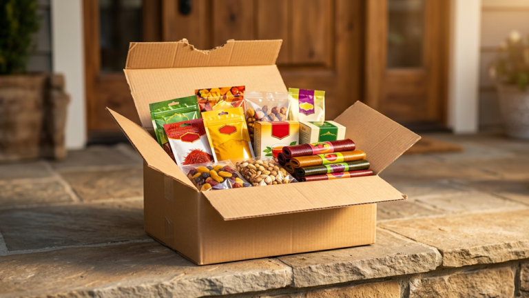 Freshly opened shipping box with packaged Persian foods from Goaldees