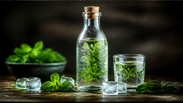 Bottle and glass of Persian mint water (aragh nana) with fresh mint sprigs