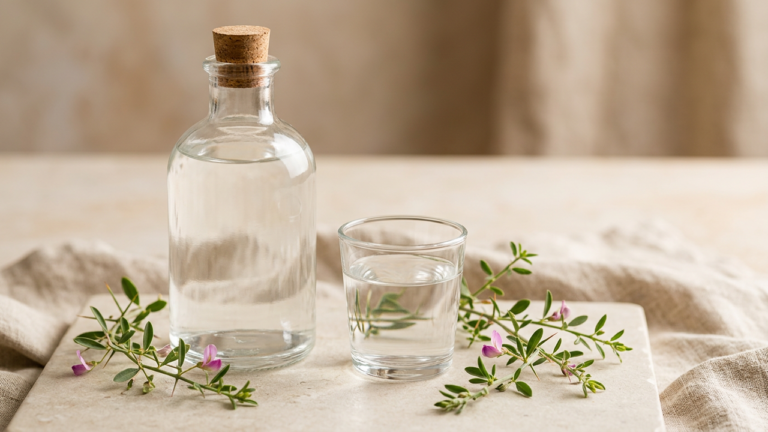 A corked glass bottle of Persian camel's thorn water (aragh kharshotor) beside a glass of the clear distillate and sprigs of flowering camel's thorn