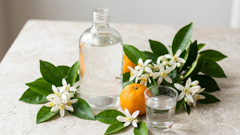 A glass bottle of Persian orange blossom water (aragh bahar narenj) with white bitter orange blossoms, citrus leaves and whole oranges