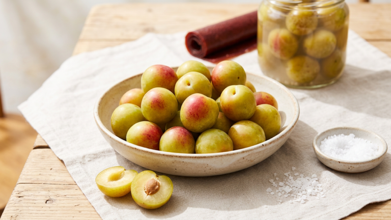A bowl of small yellow-green sour plums (aloocheh) with red-blushed cheeks, two halved in front showing the pale flesh and single stone, beside a dish of salt, a jar of plums in sour brine and a roll of dark red fruit leather