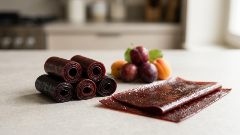Rolled and flat sheets of Persian sour fruit leather (lavashak) on a counter with fresh plums and apricots