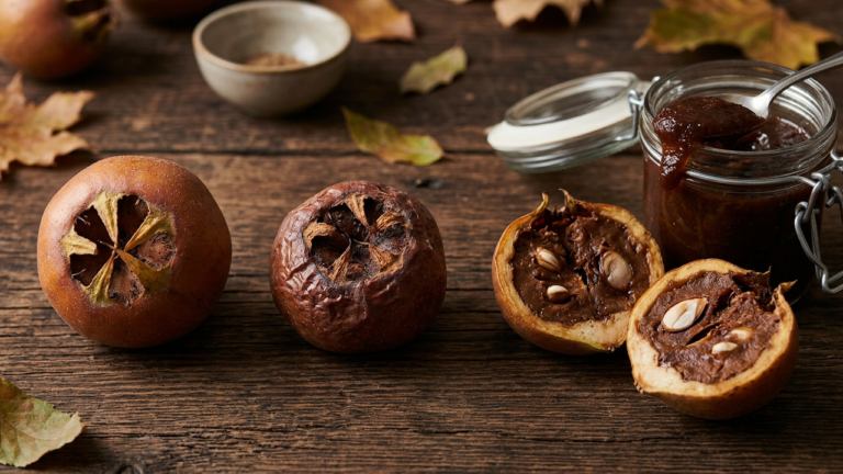 Three medlar (azgil) fruits on dark wood showing the bletting stages - firm and russet, wrinkled and dark, and cut open to reveal soft brown pulp - beside a jar of medlar rob