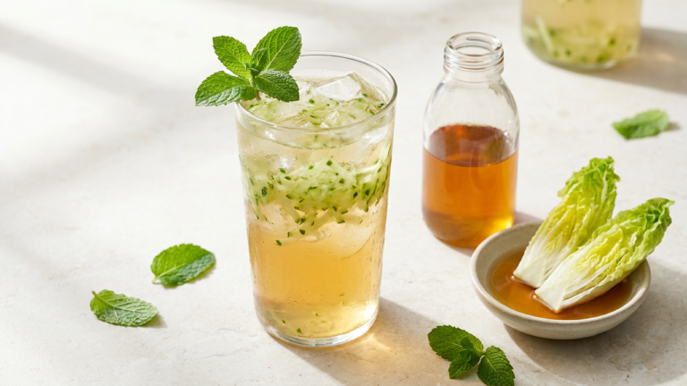 A tall glass of sekanjabin, the Persian mint and vinegar syrup, diluted with cold water and ice with coarsely grated cucumber suspended through it, beside a bottle of amber syrup and a bowl of the neat syrup with romaine hearts for dipping