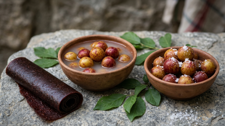 Persian sour plums (aloocheh) in three forms: whole plums in cloudy sour brine, the same plums drained and salted, and a rolled sheet of dark plum lavashak