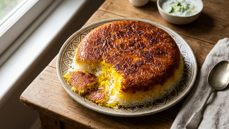 Persian saffron rice inverted onto a platter showing a whole golden tahdig crust, with shards broken off revealing the white and saffron rice beneath