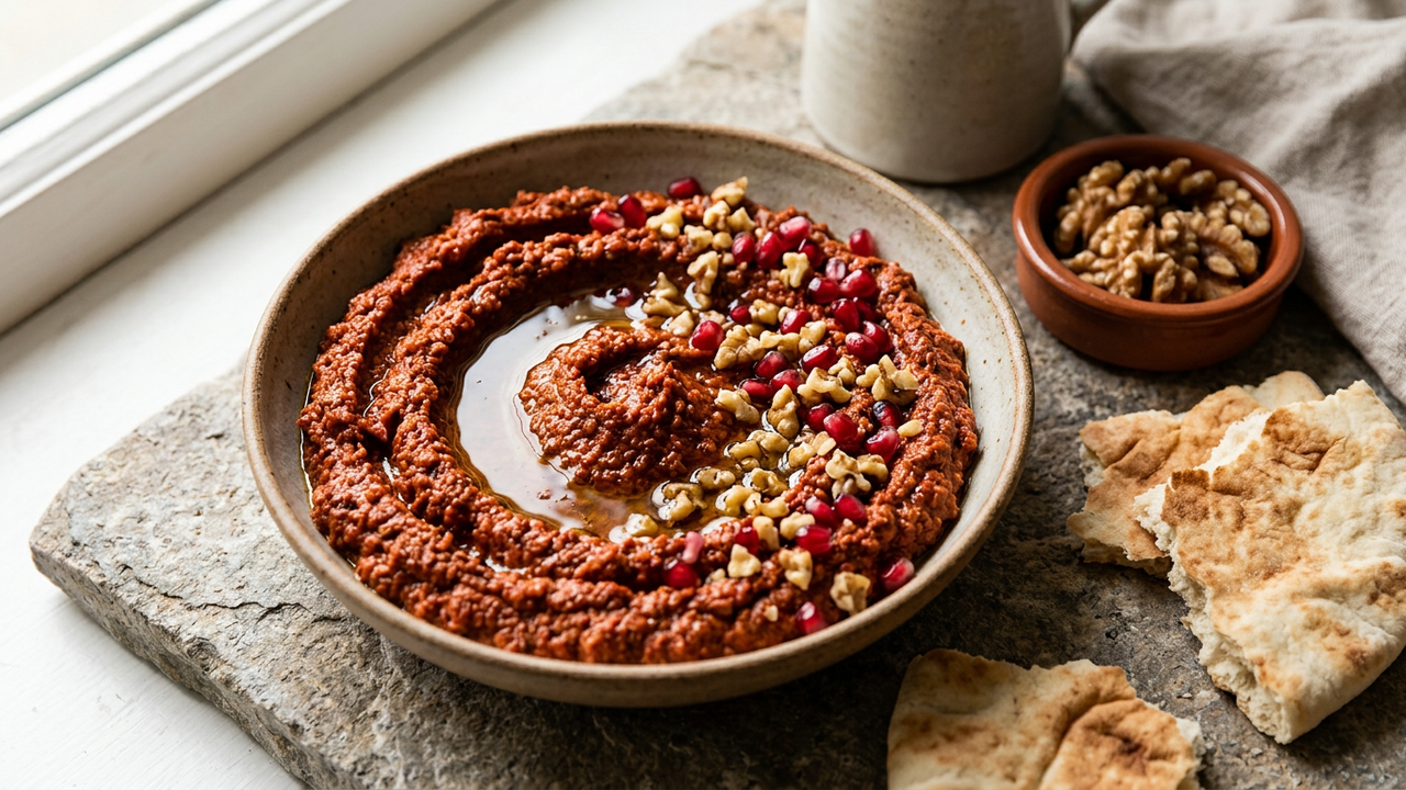Muhammara, the Syrian roasted red pepper and walnut dip, in a ceramic bowl with olive oil, chopped walnuts and pomegranate seeds, served with flatbread