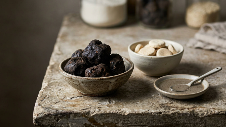 Qaraqorut, Persian and Afghan black dried whey, as hard dark lumps in a ceramic bowl beside pale white kashk discs for contrast and a dish of the grey sauce made by dissolving it
