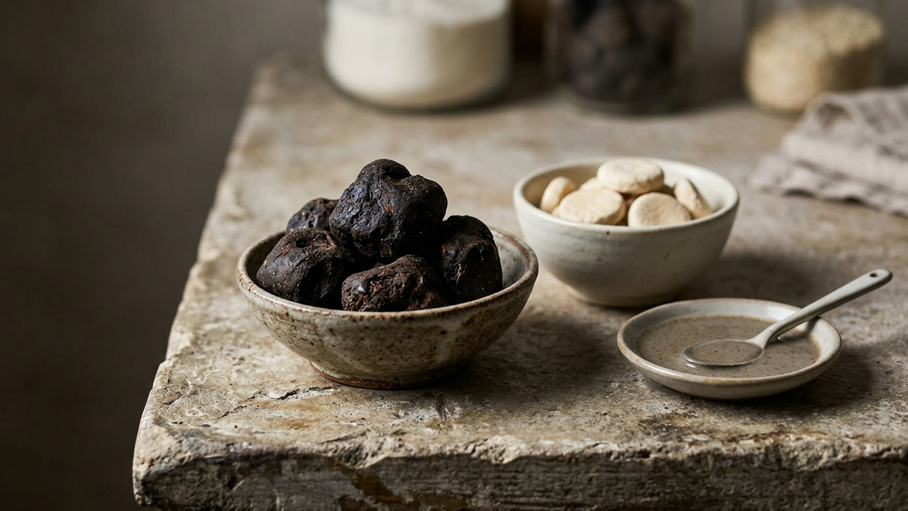 Qaraqorut, Persian and Afghan black dried whey, as hard dark lumps in a ceramic bowl beside pale white kashk discs for contrast and a dish of the grey sauce made by dissolving it