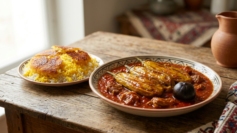 Khoresh bademjan, Persian eggplant stew, with whole fried eggplants on a red tomato sauce with lamb and a dried lime, served beside saffron rice with a golden tahdig crust