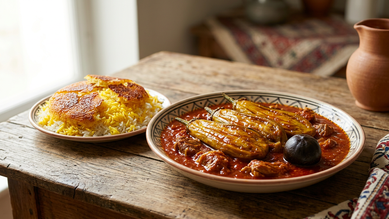 Khoresh bademjan, Persian eggplant stew, with whole fried eggplants on a red tomato sauce with lamb and a dried lime, served beside saffron rice with a golden tahdig crust