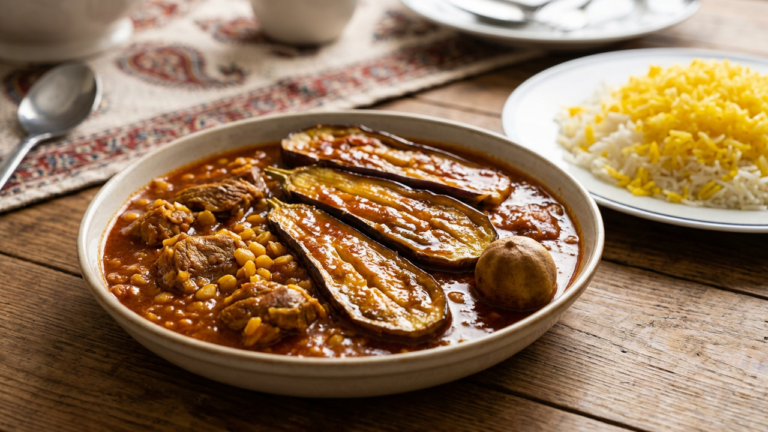 Gheymeh bademjan, Persian split pea and eggplant stew, with yellow split peas, lamb and fried eggplant halves in a red sauce with a dried lime, served beside saffron rice