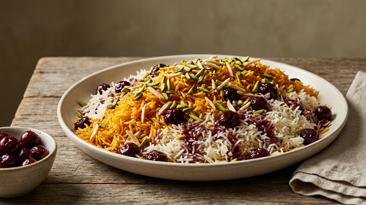 A platter of albaloo polo, Persian sour cherry rice, with saffron-stained and white basmati, dark sour cherries and slivered pistachios and almonds