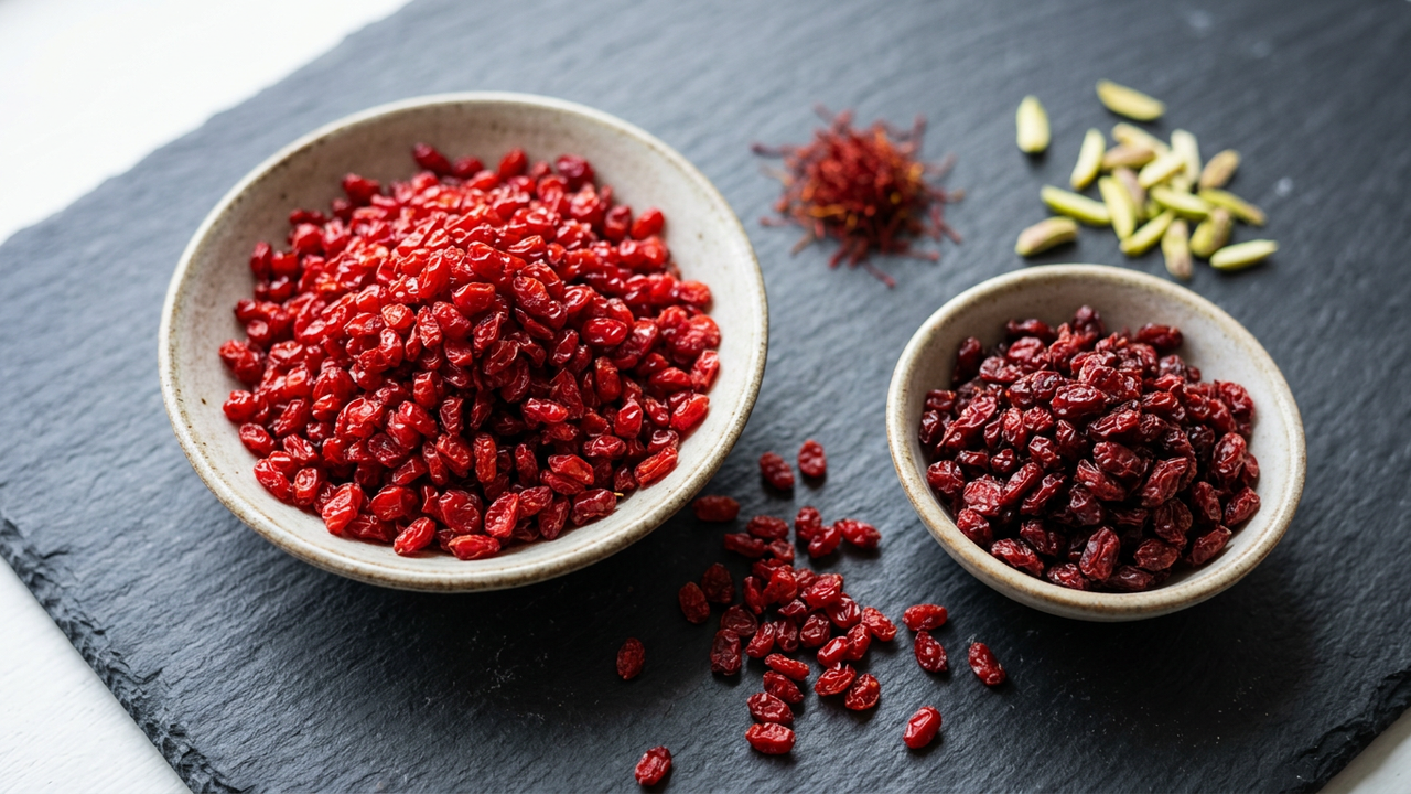 Two bowls of Iranian dried barberries on slate: bright plump pofaki zereshk and darker compact anari zereshk, with saffron threads and slivered pistachios