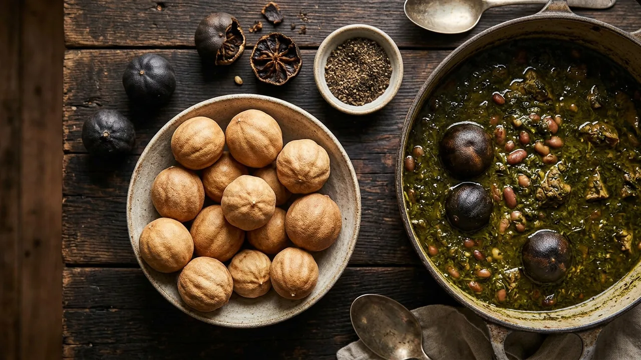 Whole dried limes (limoo amani) in tan and black, a cracked black lime, ground dried lime, and a pot of ghormeh sabzi with whole dried limes