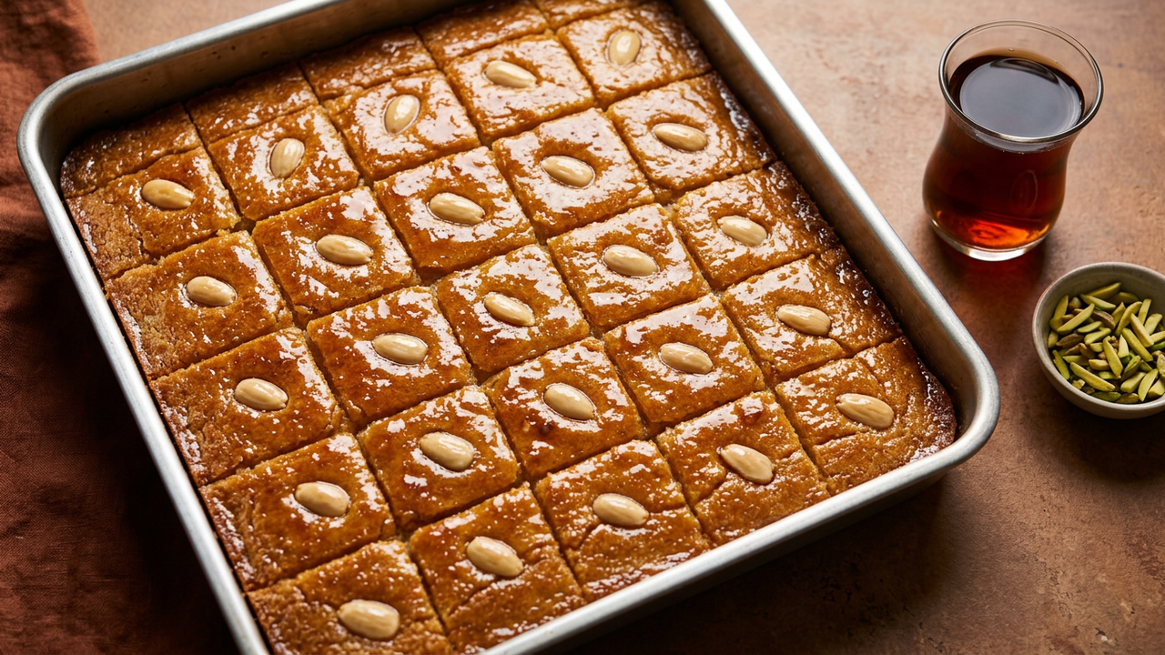 Basbousa, Egyptian semolina cake soaked in syrup, cut into squares in a baking tray with an almond on each piece, beside a glass of tea and slivered pistachios