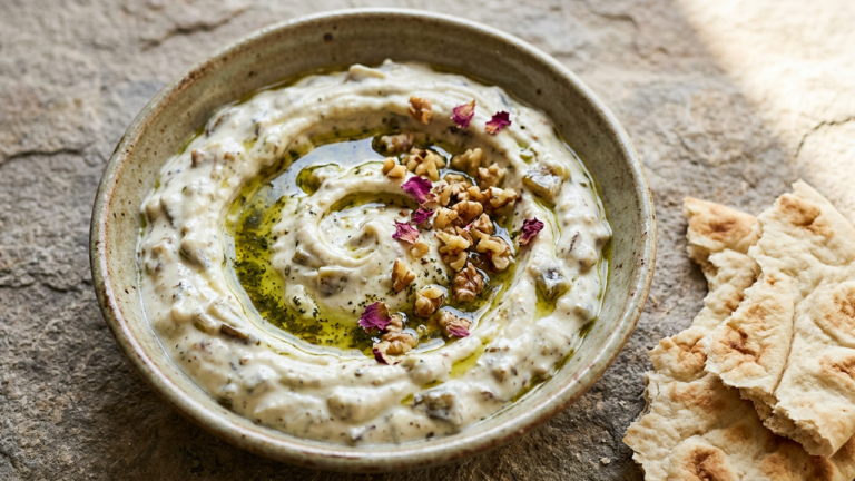 Borani bademjan, Persian eggplant and yogurt dip, in a ceramic bowl with a swirl of mint oil, chopped walnuts and dried rose petals, served with flatbread