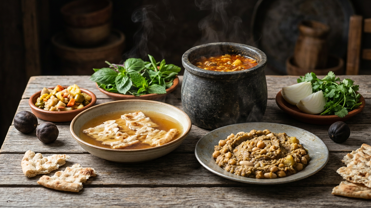 Persian abgoosht served as two courses: a stone dizi crock, a bowl of broth with torn flatbread, and a plate of mashed lamb, chickpeas and beans with torshi, herbs and dried limes