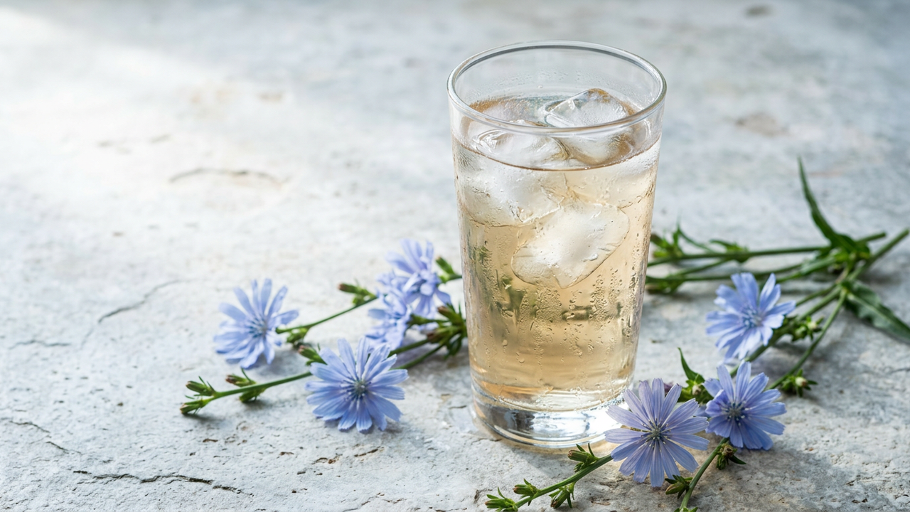 A glass of pale Persian chicory herbal water (aragh kasni) over ice on a pale stone surface, surrounded by fresh blue chicory flowers on their stems