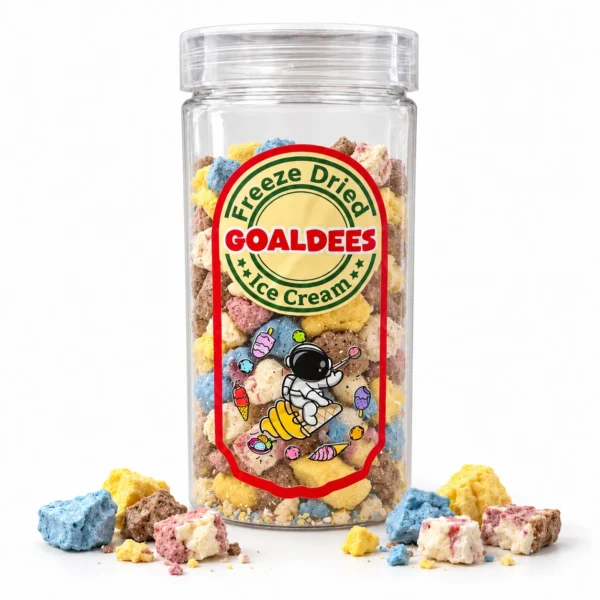 GOALDEES Freeze-Dried Ice Cream jar filled with crunchy mixed-flavor ice cream bites