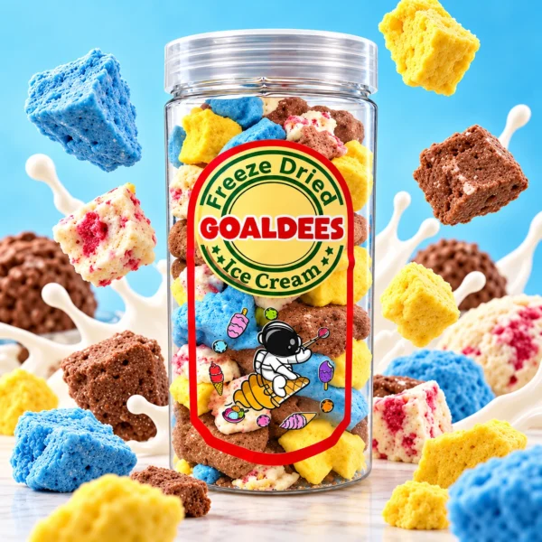 Colorful crunchy freeze-dried ice cream bites around a GOALDEES Freeze-Dried Ice Cream jar