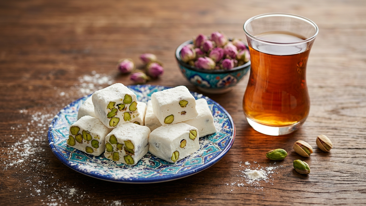 Flour-dusted Persian gaz pistachio nougat on a blue Persian plate beside a glass of tea and dried rosebuds