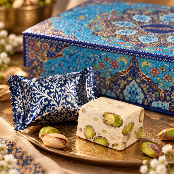 Pistachio gaz piece and individual wrapper Close-up of a piece of Goaldees pistachio gaz showing whole green pistachios in white nougat, beside its individually wrapped blue foil
