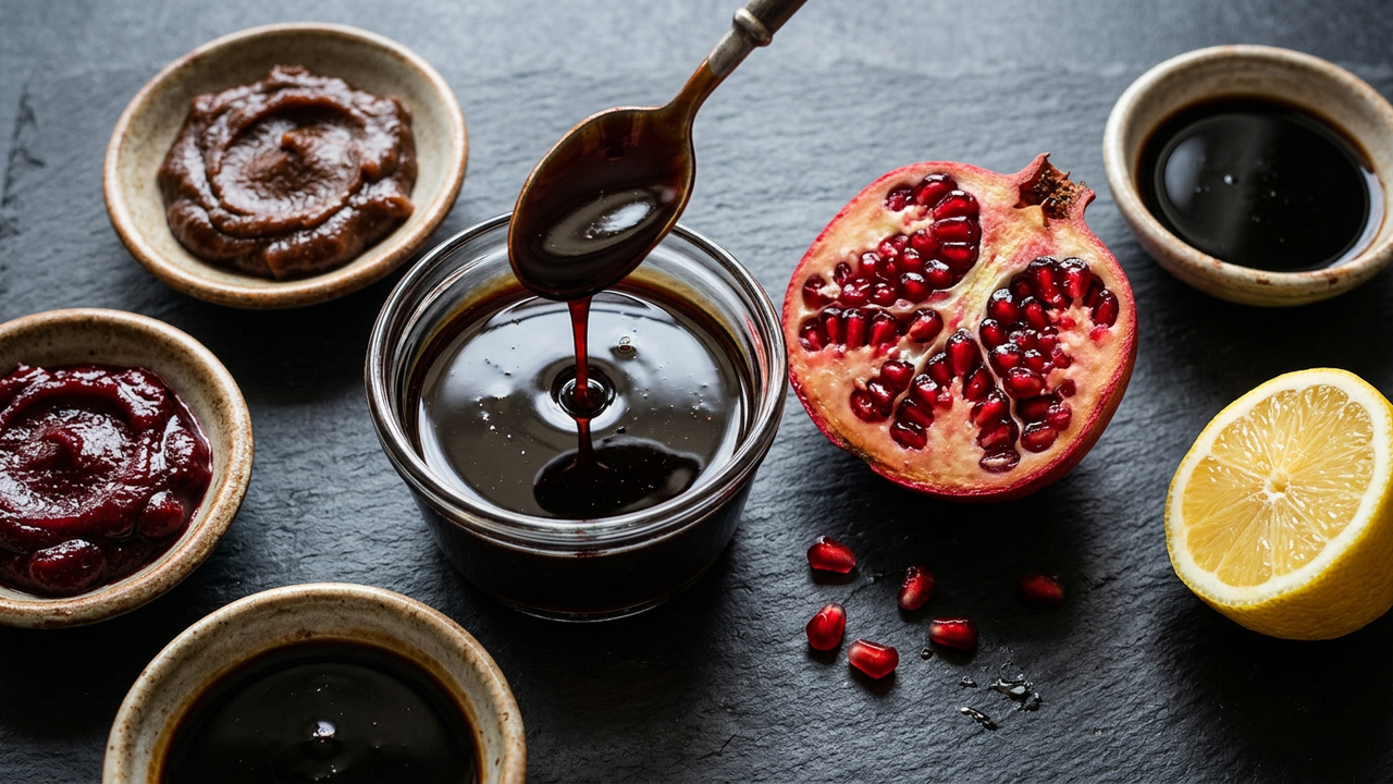 Glossy pomegranate molasses dripping from a spoon, surrounded by substitutes: tamarind paste, sour cherry paste, balsamic glaze and lemon