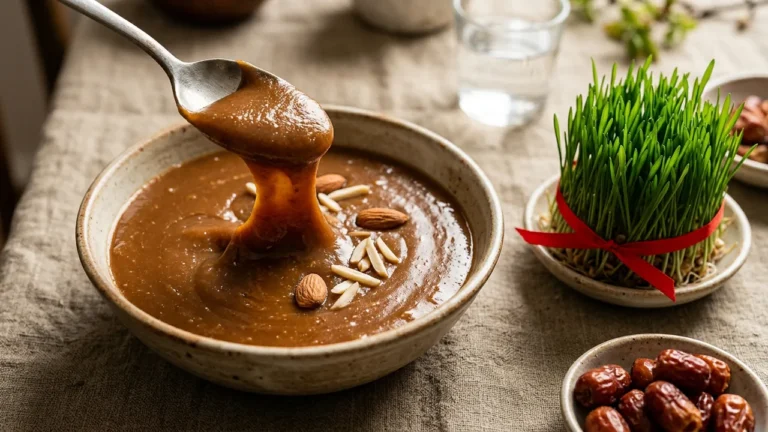 A spoon lifting thick caramel-brown samanu from a bowl topped with almonds, beside a dish of wheat sprouts (sabzeh) tied with a red ribbon and a small dish of dried fruit