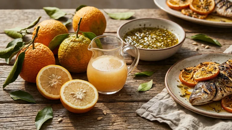 Whole bitter Seville oranges and cut halves beside a jug of sour orange juice, a bowl of garlic mojo, and grilled fish with orange slices