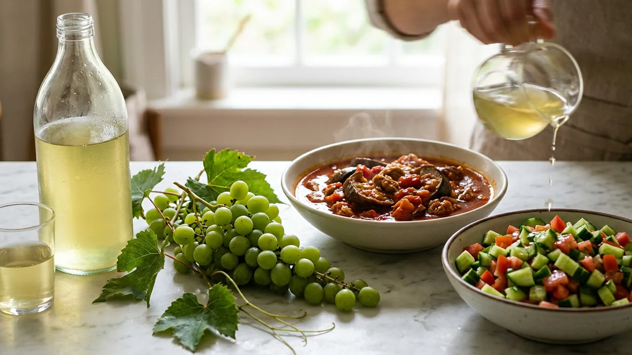 A bottle and glass of verjuice beside a bunch of unripe green grapes, with Persian eggplant stew and a cucumber-tomato salad being dressed with verjuice